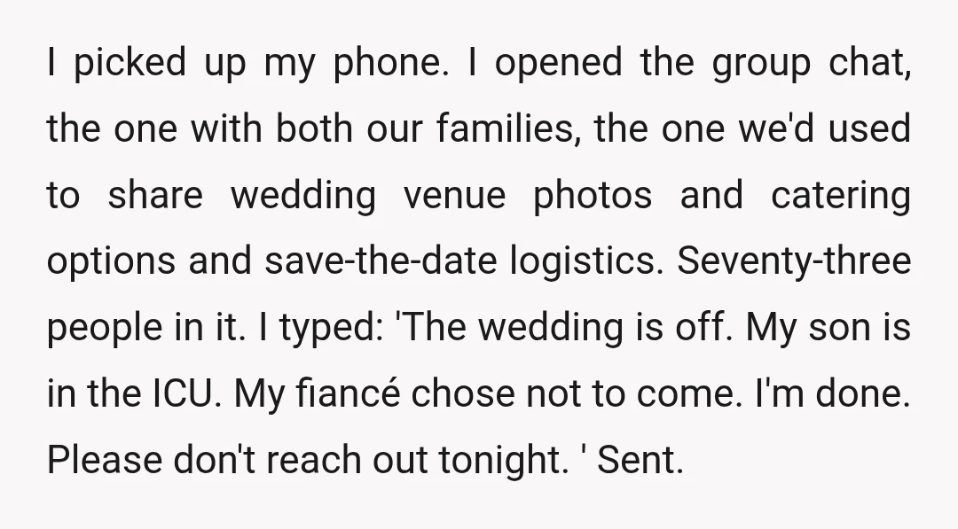 I picked up my phone. I opened the group chat, the one with both our families, the one we'd used to share wedding venue photos and catering options and save-the-date...
