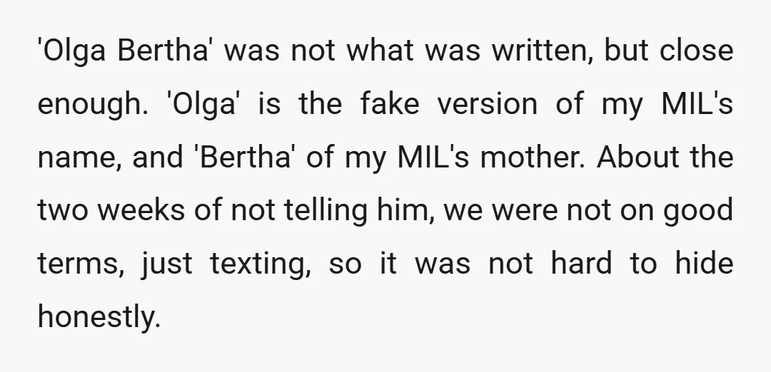 'Olga Bertha' was not what was written, but close enough. 'Olga' is the fake version of my MIL's name, and 'Bertha' of my MIL's mother. About the two weeks of...