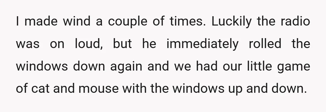 I made wind a couple of times. Luckily the radio was on loud, but he immediately rolled the windows down again and we had our little game of cat and...