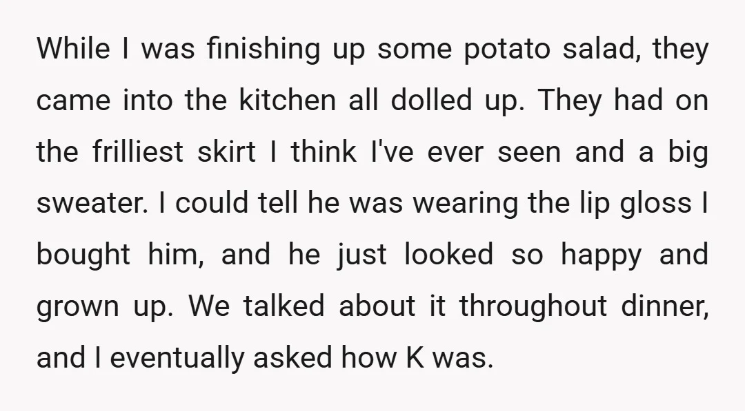 While I was finishing up some potato salad, they came into the kitchen all dolled up. They had on the frilliest skirt I think I've ever seen and a big...