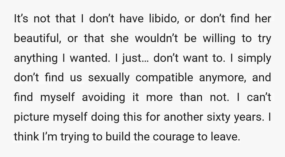 It’s not that I don’t have libido, or don’t find her beautiful, or that she wouldn’t be willing to try anything I wanted. I just… don’t want to. I simply...