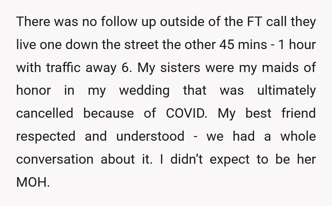 There was no follow up outside of the FT call they live one down the street the other 45 mins - 1 hour with traffic away 6. My sisters were...