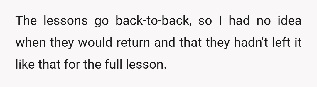 The lessons go back-to-back, so I had no idea when they would return and that they hadn't left it like that for the full lesson.