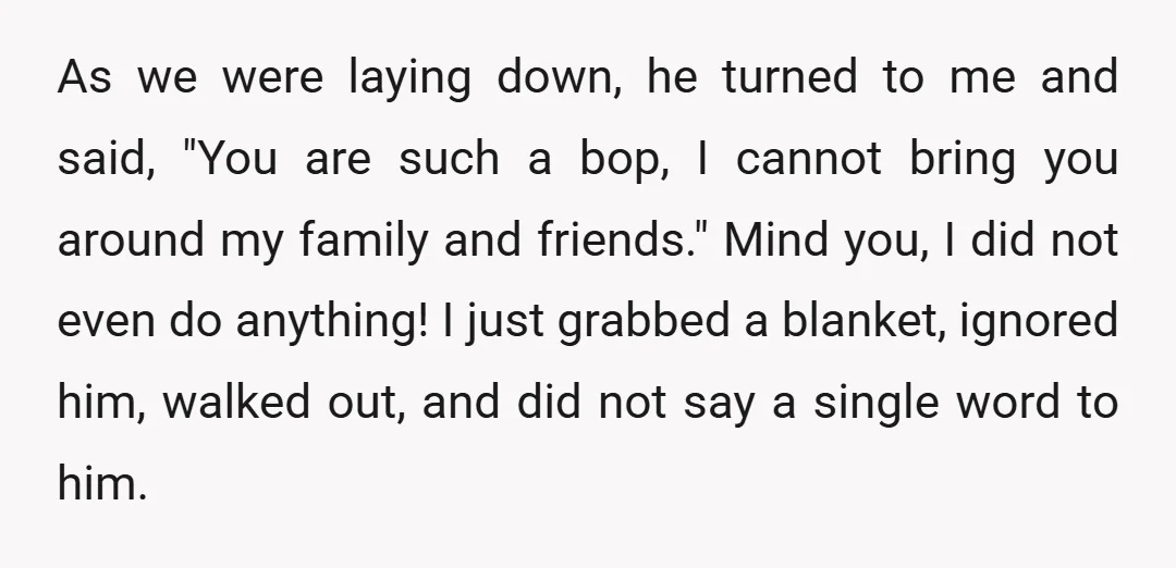 As we were laying down, he turned to me and said, "You are such a bop, I cannot bring you around my family and friends." Mind you, I did not...