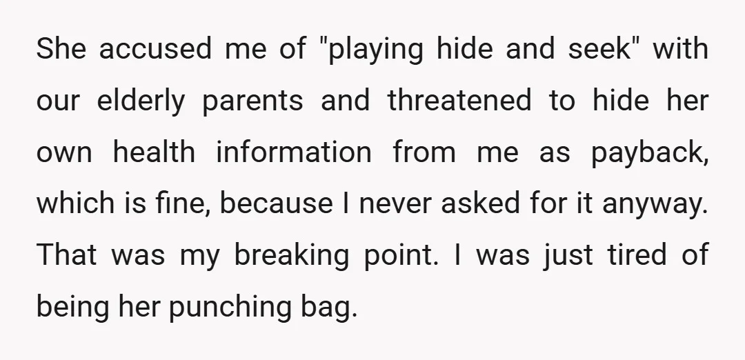 She accused me of "playing hide and seek" with our elderly parents and threatened to hide her own health information from me as payback, which is fine, because I never...
