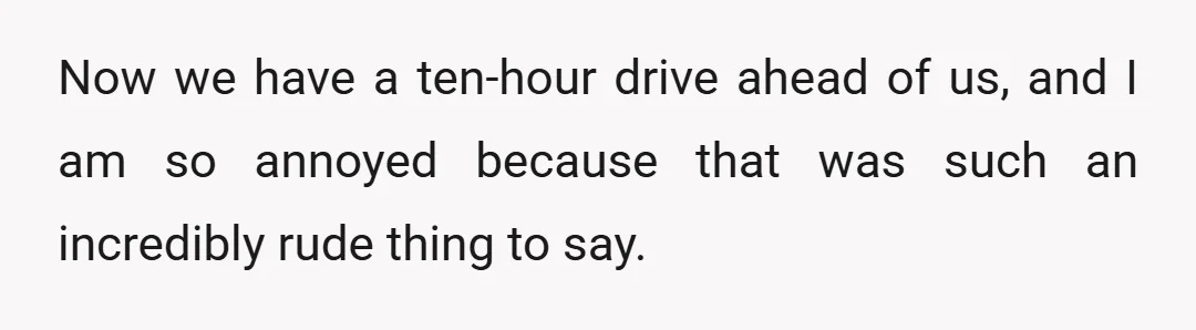 Now we have a ten-hour drive ahead of us, and I am so annoyed because that was such an incredibly rude thing to say.