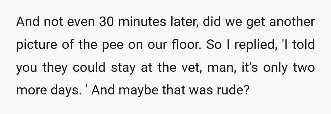 And not even 30 minutes later, did we get another picture of the pee on our floor. So I replied, 'I told you they could stay at the vet, man,...