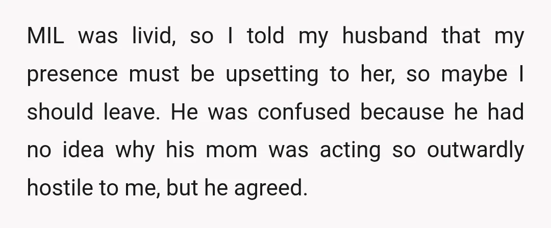 MIL was livid, so I told my husband that my presence must be upsetting to her, so maybe I should leave. He was confused because he had no idea why...
