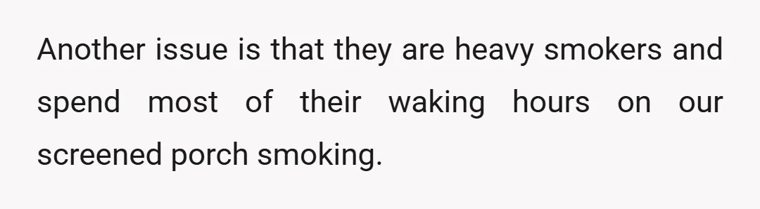 Another issue is that they are heavy smokers and spend most of their waking hours on our screened porch smoking.