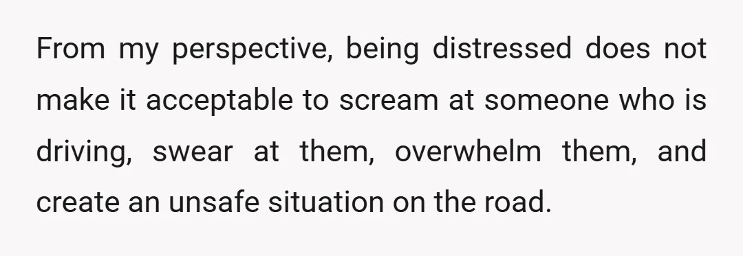 From my perspective, being distressed does not make it acceptable to scream at someone who is driving, swear at them, overwhelm them, and create an unsafe situation on the road.