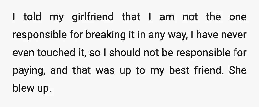 I told my girlfriend that I am not the one responsible for breaking it in any way, I have never even touched it, so I should not be responsible for...