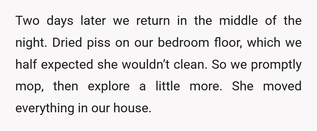 Two days later we return in the middle of the night. Dried piss on our bedroom floor, which we half expected she wouldn’t clean. So we promptly mop, then explore...