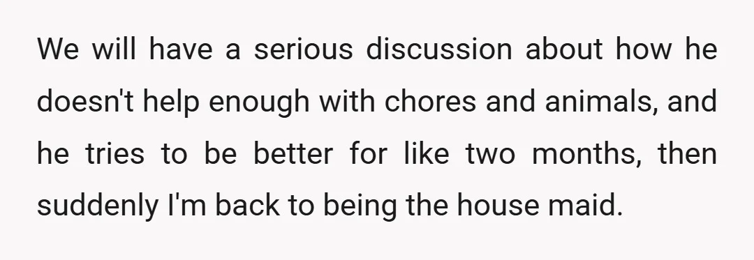 We will have a serious discussion about how he doesn't help enough with chores and animals, and he tries to be better for like two months, then suddenly I'm back...