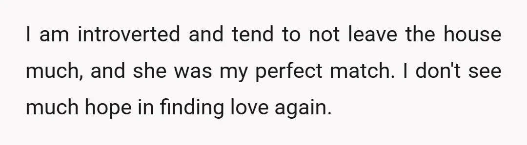 I am introverted and tend to not leave the house much, and she was my perfect match. I don't see much hope in finding love again.