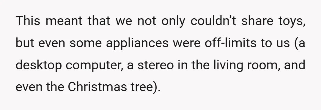 This meant that we not only couldn’t share toys, but even some appliances were off-limits to us (a desktop computer, a stereo in the living room, and even the Christmas...