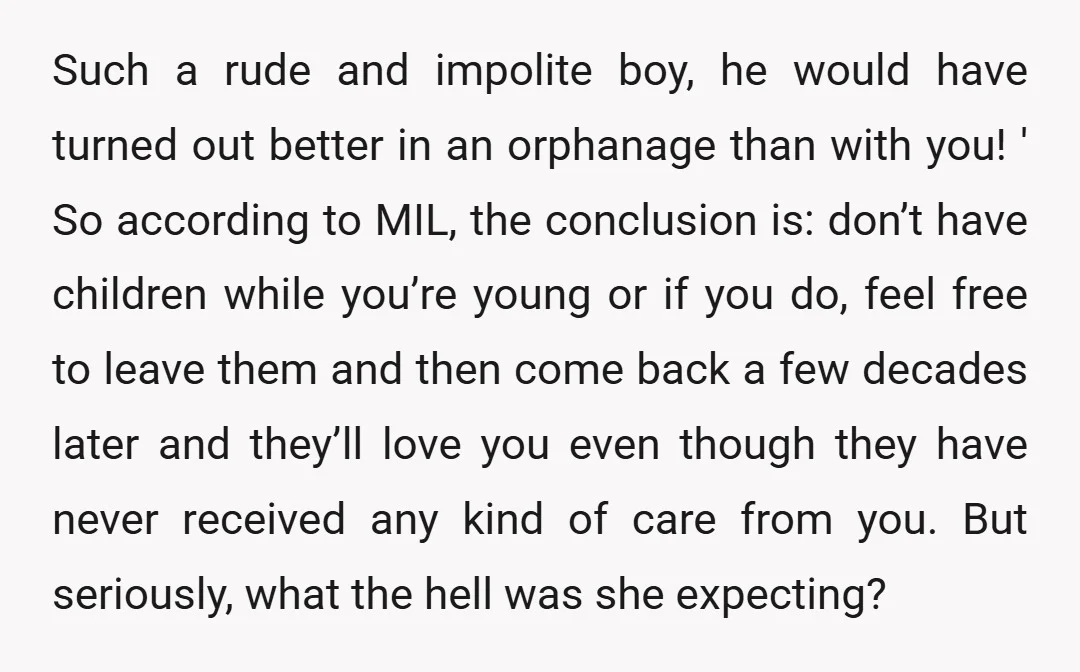 Such a rude and impolite boy, he would have turned out better in an orphanage than with you! ' So according to MIL, the conclusion is: don’t have children while...