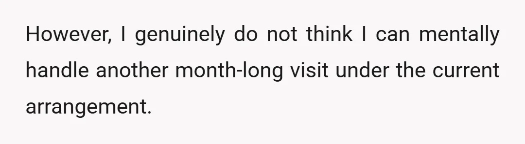 However, I genuinely do not think I can mentally handle another month-long visit under the current arrangement.