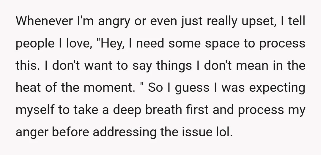 Whenever I'm angry or even just really upset, I tell people I love, "Hey, I need some space to process this. I don't want to say things I don't mean...