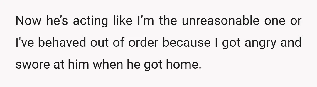 Now he’s acting like I’m the unreasonable one or I've behaved out of order because I got angry and swore at him when he got home.