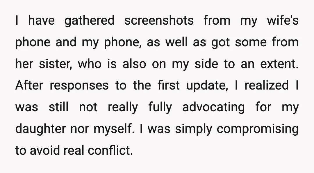 I have gathered screenshots from my wife's phone and my phone, as well as got some from her sister, who is also on my side to an extent. After responses...