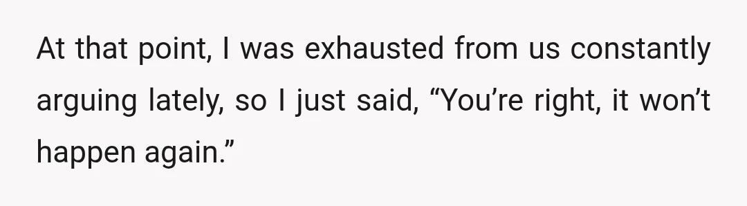 At that point, I was exhausted from us constantly arguing lately, so I just said, “You’re right, it won’t happen again.”