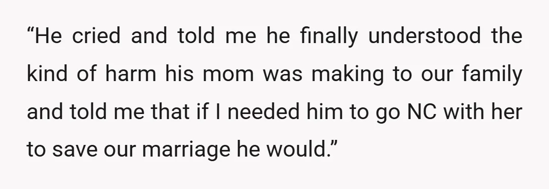 “He cried and told me he finally understood the kind of harm his mom was making to our family and told me that if I needed him to go NC...