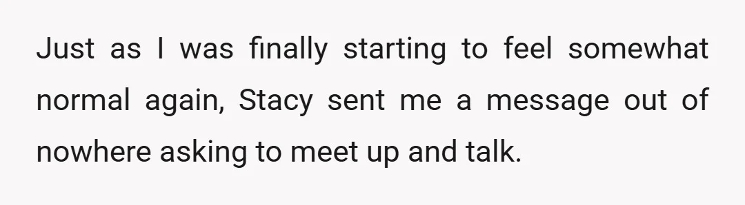 Just as I was finally starting to feel somewhat normal again, Stacy sent me a message out of nowhere asking to meet up and talk.