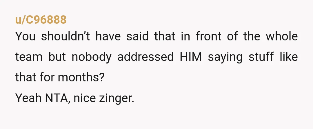 u/C96888
You shouldn’t have said that in front of the whole team but nobody addressed HIM saying stuff like that for months?
Yeah NTA, nice zinger.
