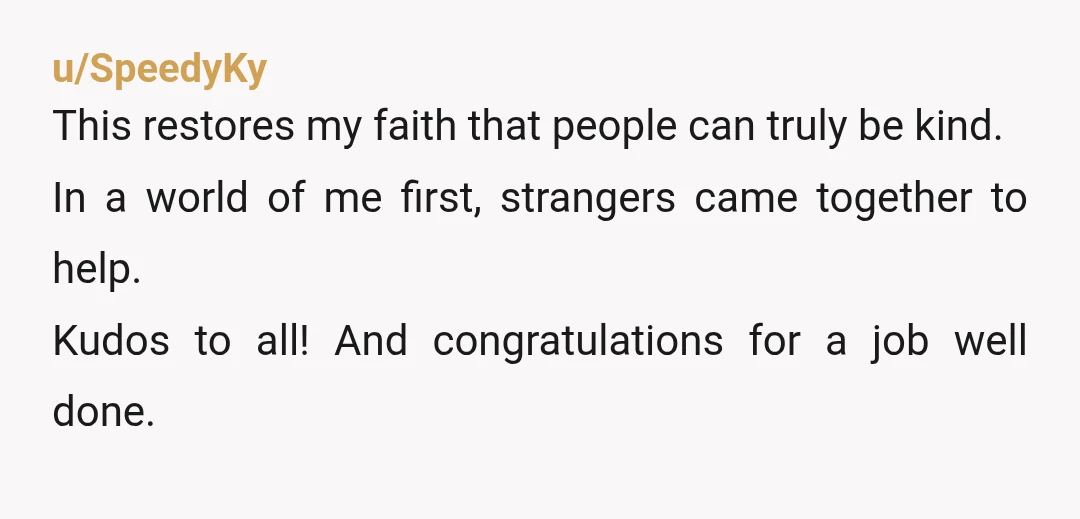 u/SpeedyKy This restores my faith that people can truly be kind. In a world of me first, strangers came together to help. Kudos to all! And congratulations for a job...