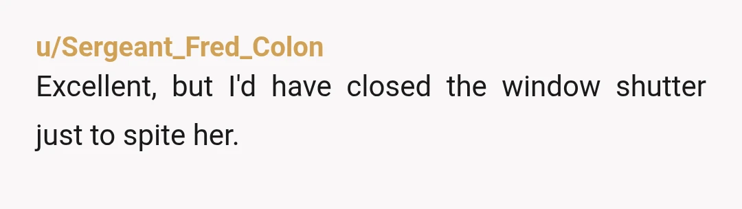 u/Sergeant_Fred_Colon
Excellent, but I'd have closed the window shutter just to spite her.