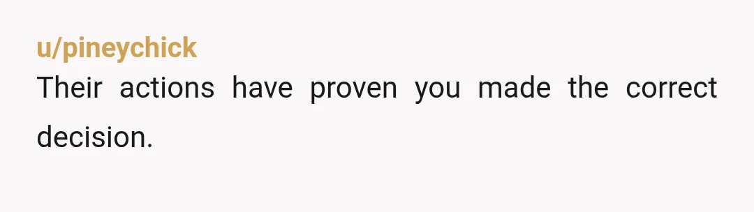 u/pineychick
Their actions have proven you made the correct decision.
