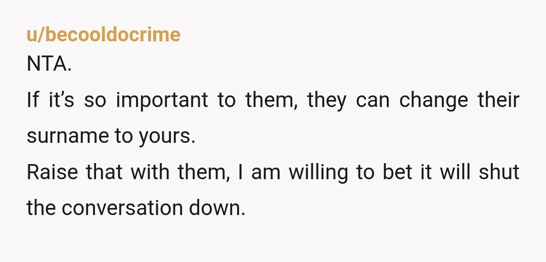 u/becooldocrime
NTA.
If it’s so important to them, they can change their surname to yours.
Raise that with them, I am willing to bet it will shut the conversation down.