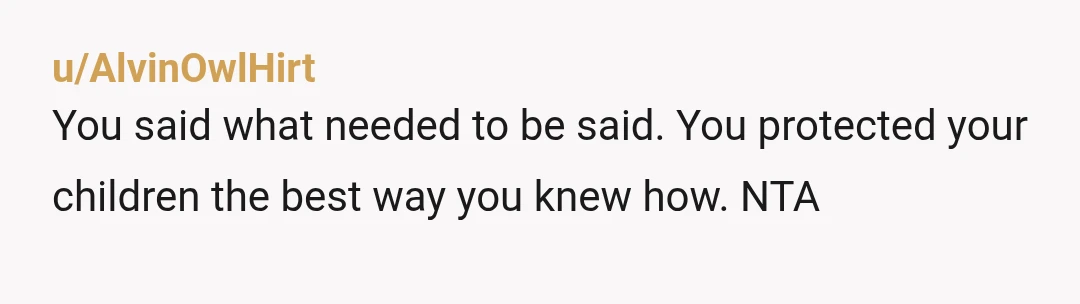 u/AlvinOwlHirt You said what needed to be said. You protected your children the best way you knew how. NTA