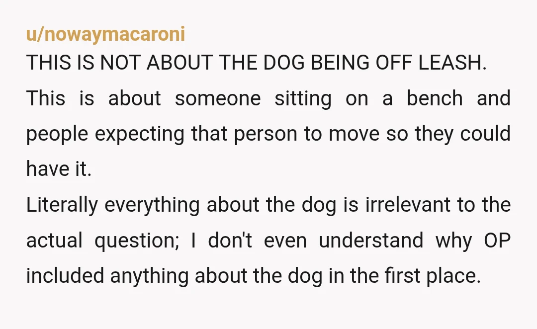 u/nowaymacaroni THIS IS NOT ABOUT THE DOG BEING OFF LEASH. This is about someone sitting on a bench and people expecting that person to move so they could have it....