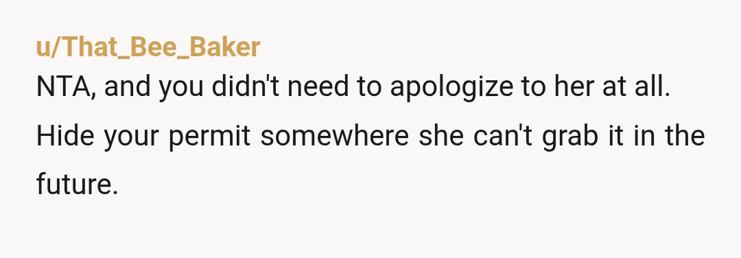u/That_Bee_Baker
NTA, and you didn't need to apologize to her at all.
Hide your permit somewhere she can't grab it in the future.