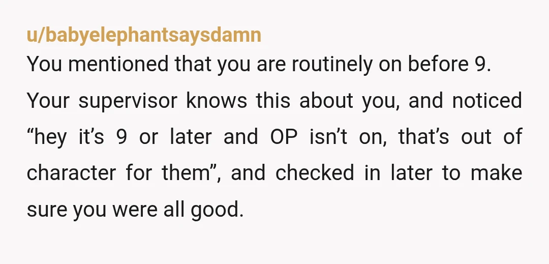 u/babyelephantsaysdamn You mentioned that you are routinely on before 9. Your supervisor knows this about you, and noticed “hey it’s 9 or later and OP isn’t on, that’s out of...