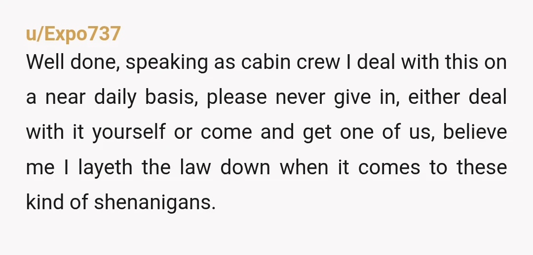 u/Expo737 Well done, speaking as cabin crew I deal with this on a near daily basis, please never give in, either deal with it yourself or come and get one...