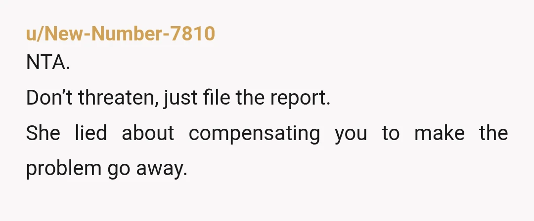 u/New-Number-7810 NTA. Don’t threaten, just file the report. She lied about compensating you to make the problem go away. 