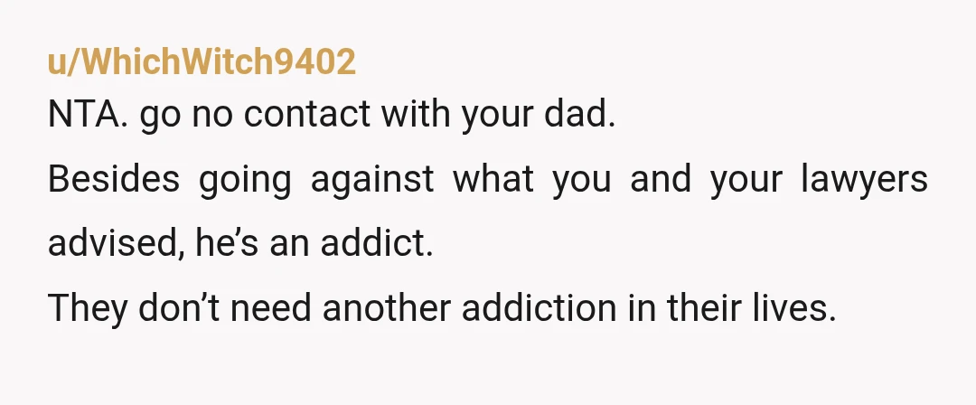 u/WhichWitch9402 NTA. go no contact with your dad. Besides going against what you and your lawyers advised, he’s an addict. They don’t need another addiction in their lives.