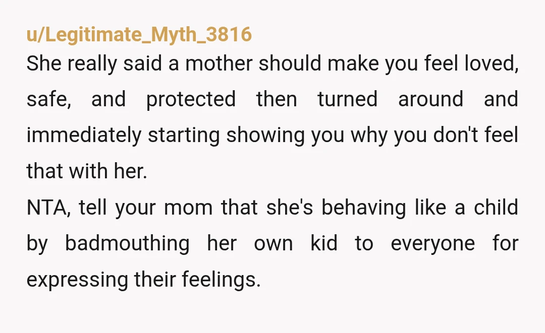 u/Legitimate_Myth_3816 She really said a mother should make you feel loved, safe, and protected then turned around and immediately starting showing you why you don't feel that with her. NTA,...