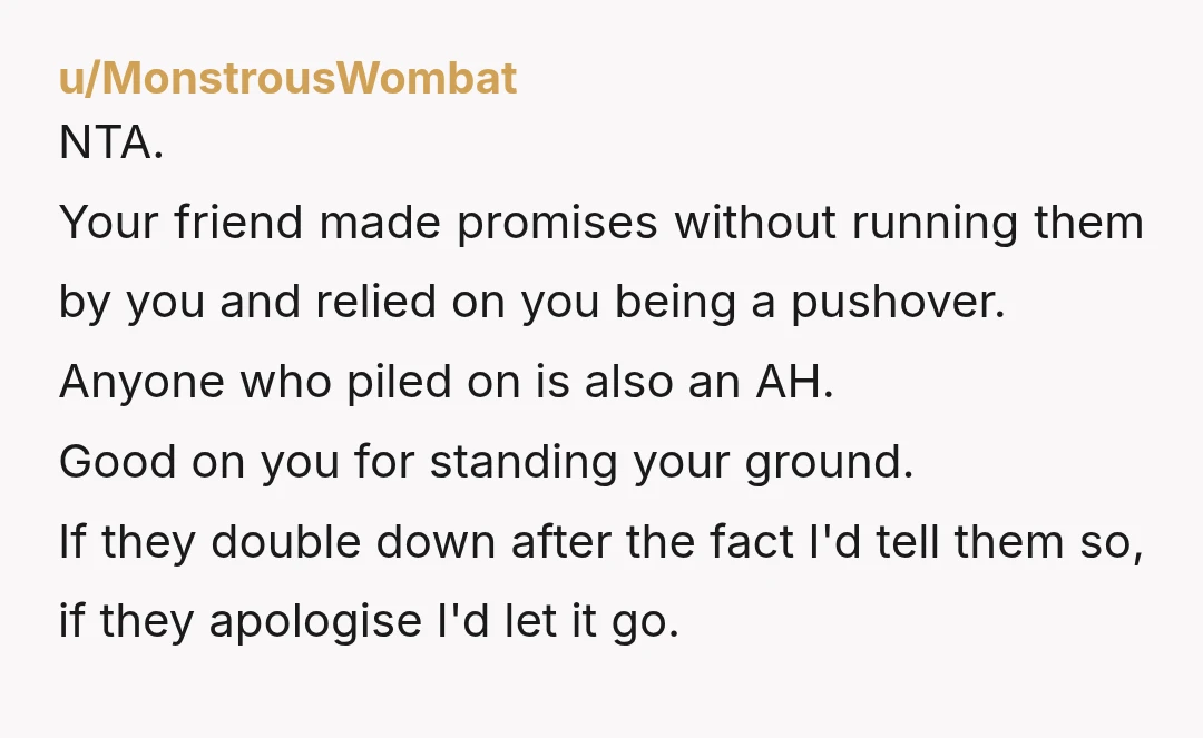 u/MonstrousWombat NTA. Your friend made promises without running them by you and relied on you being a pushover. Anyone who piled on is also an AH. Good on you for...