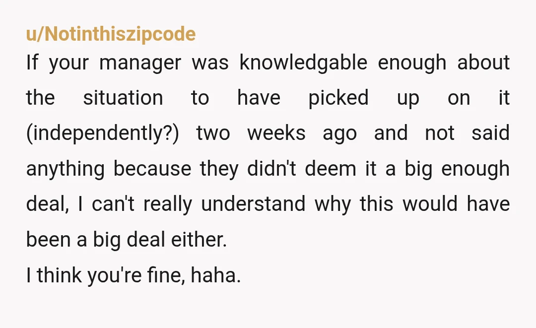 u/Notinthiszipcode If your manager was knowledgable enough about the situation to have picked up on it (independently?) two weeks ago and not said anything because they didn't deem it a...