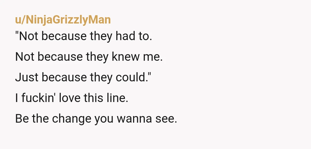 u/NinjaGrizzlyMan "Not because they had to. Not because they knew me. Just because they could." I fuckin' love this line. Be the change you wanna see. 