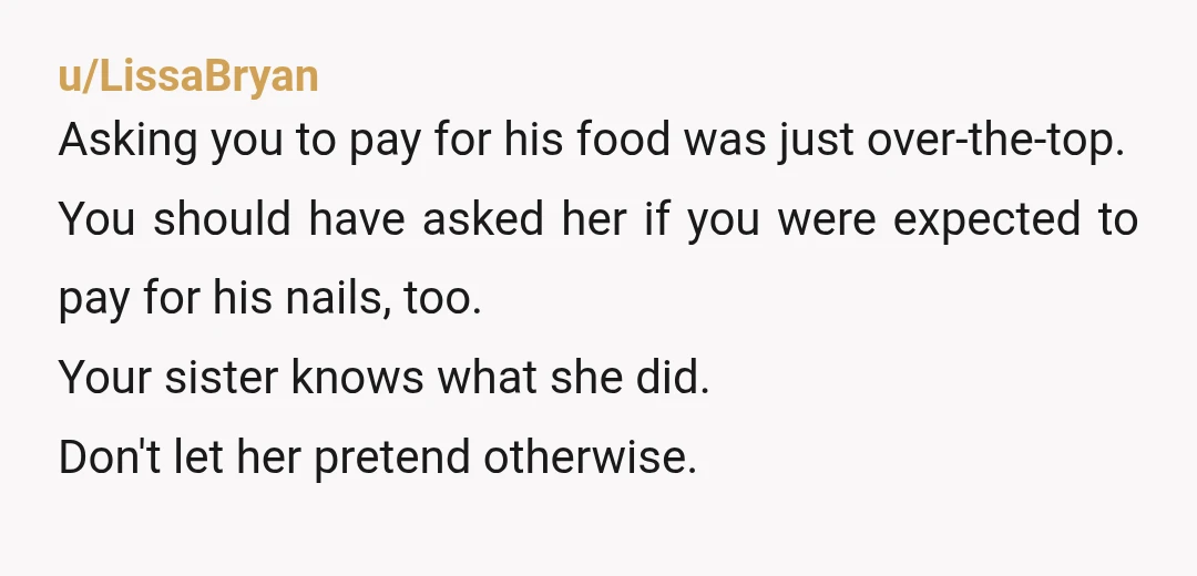 u/LissaBryan Asking you to pay for his food was just over-the-top. You should have asked her if you were expected to pay for his nails, too. Your sister knows what...