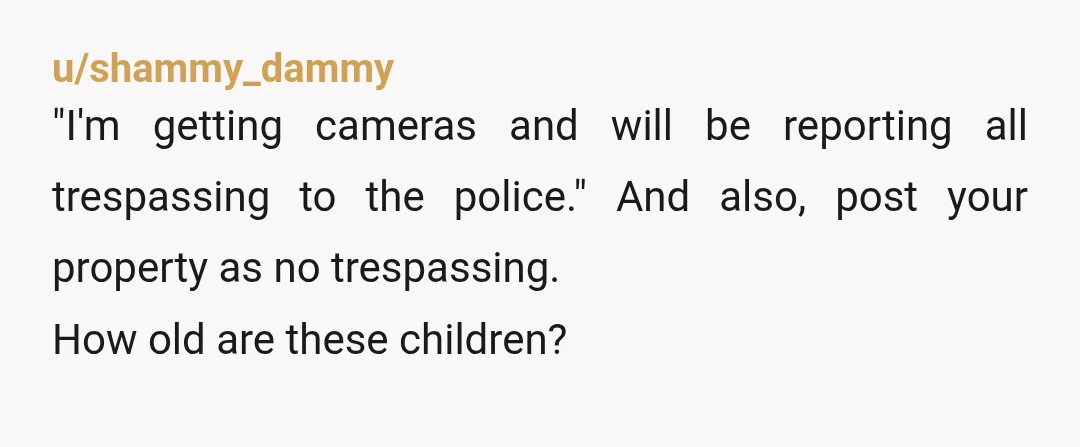 u/CoppertopTX You know the one sentence I can say to a parent that guarantees they keep their kids OUT of my yard? "If you insist on your child playing on...