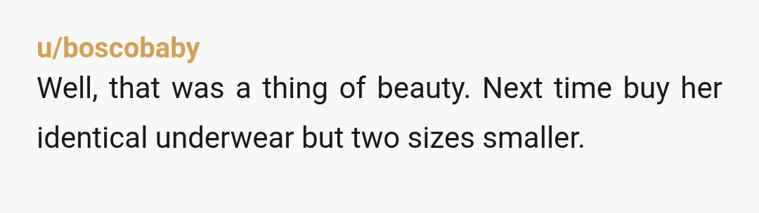 u/boscobaby
Well, that was a thing of beauty.  Next time buy her identical underwear but two sizes smaller.