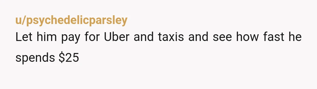u/psychedelicparsley
Let him pay for Uber and taxis and see how fast he spends $25
