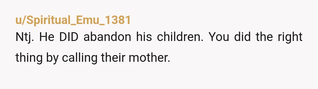 u/Spiritual_Emu_1381
Ntj. He DID abandon his children. You did the right thing by calling their mother.