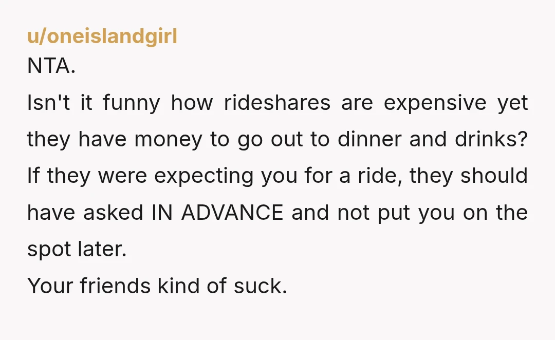 u/oneislandgirl NTA. Isn't it funny how rideshares are expensive yet they have money to go out to dinner and drinks? If they were expecting you for a ride, they should...