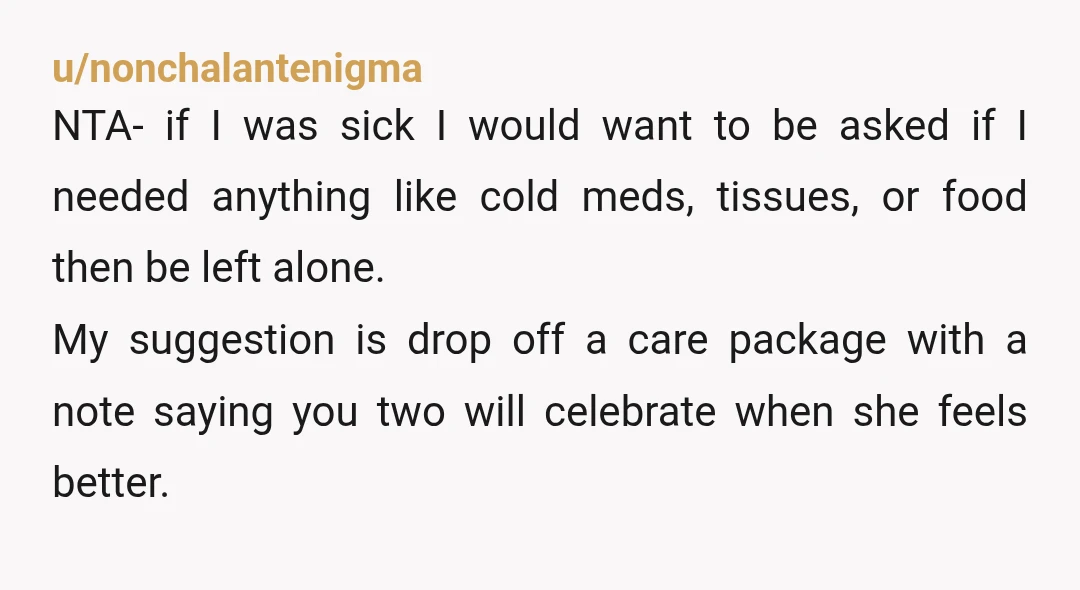 u/nonchalantenigma NTA- if I was sick I would want to be asked if I needed anything like cold meds, tissues, or food then be left alone. My suggestion is drop...